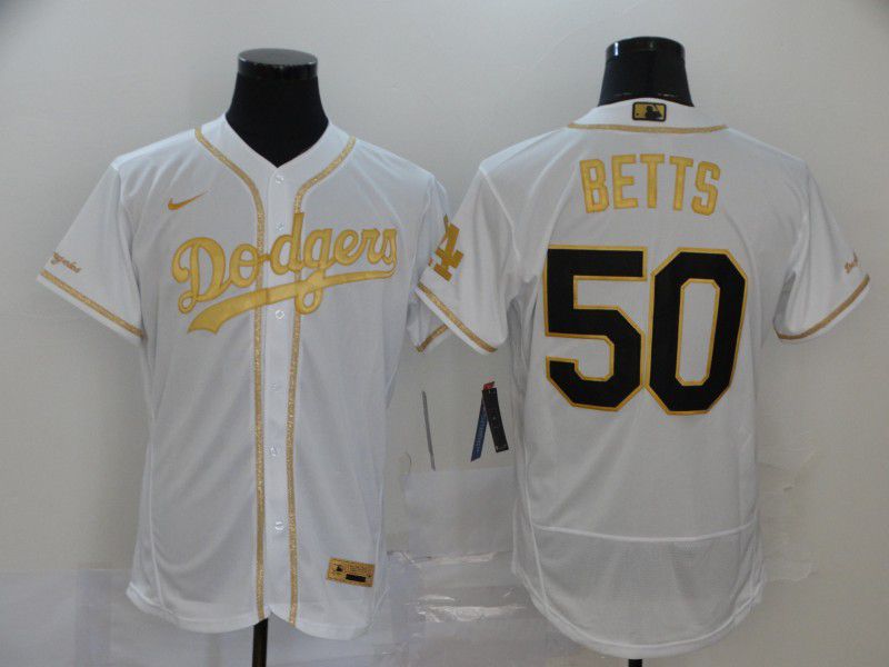 Men Los Angeles Dodgers #50 Betts White Elite Retro gold character Nike MLB Jerseys
